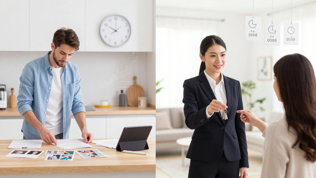 Vergleich: Privatverkäufer organisiert Verkauf zu Hause vs. Makler übergibt Schlüssel an Käufer.