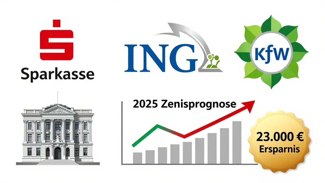 Vergleich von Sparkasse, ING und KfW mit Zinsen und Förderungen in stilisierter Infografik.