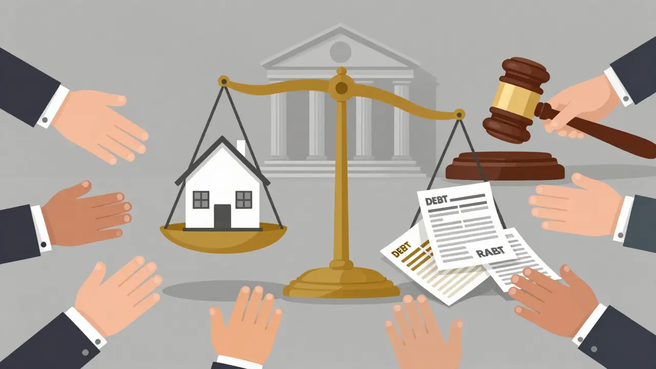 Waage mit Haus und Schuldenpapieren, symbolisiert die rechtliche Abwägung im Nachlassverfahren.