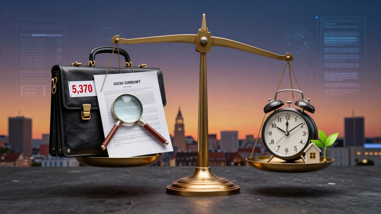 Waage mit Maklerkosten auf einer Seite und Zeit &amp; Aufwand auf der anderen Seite, symbolisch dargestellt.