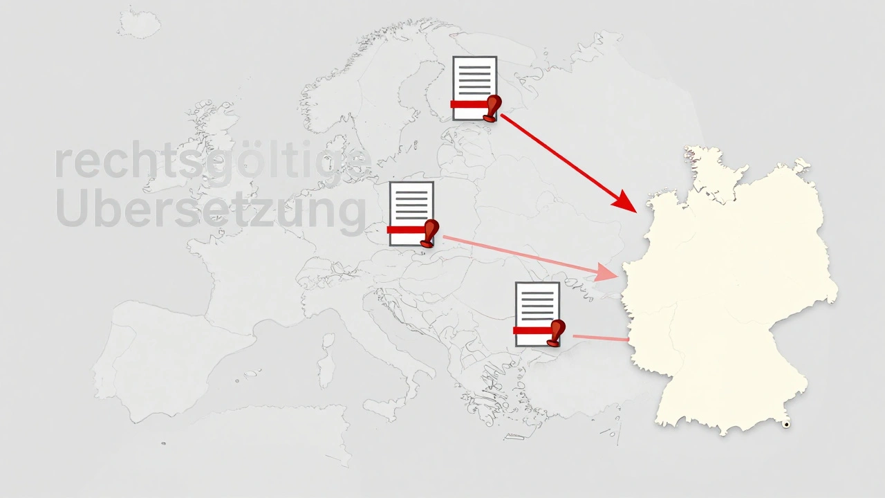 Weltkarte mit Dokumenten, die durch rote Schnüre und Siegel mit Deutschland verbunden sind, symbolisiert rechtssichere Übersetzungen.