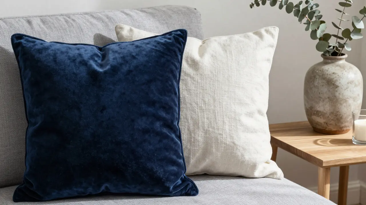 Zwei Kissen aus Samt und Leinen auf einem grauen Sofa, mit einer Vase und einem Kerzenhalter daneben.