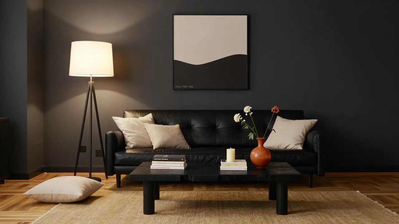 Anthrazit-schwarze Wand mit hellem Holzregal und Pendelleuchte, ergänzt durch fünf helle Dekoobjekte.