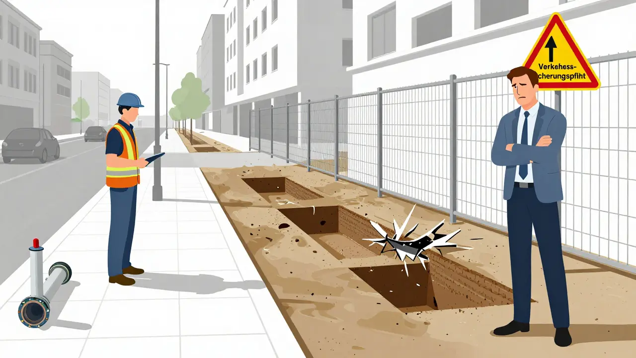 Aufteilung: Einwandfreie Straße links, baustellenbedingte Gefahren rechts mit Warnschildern.