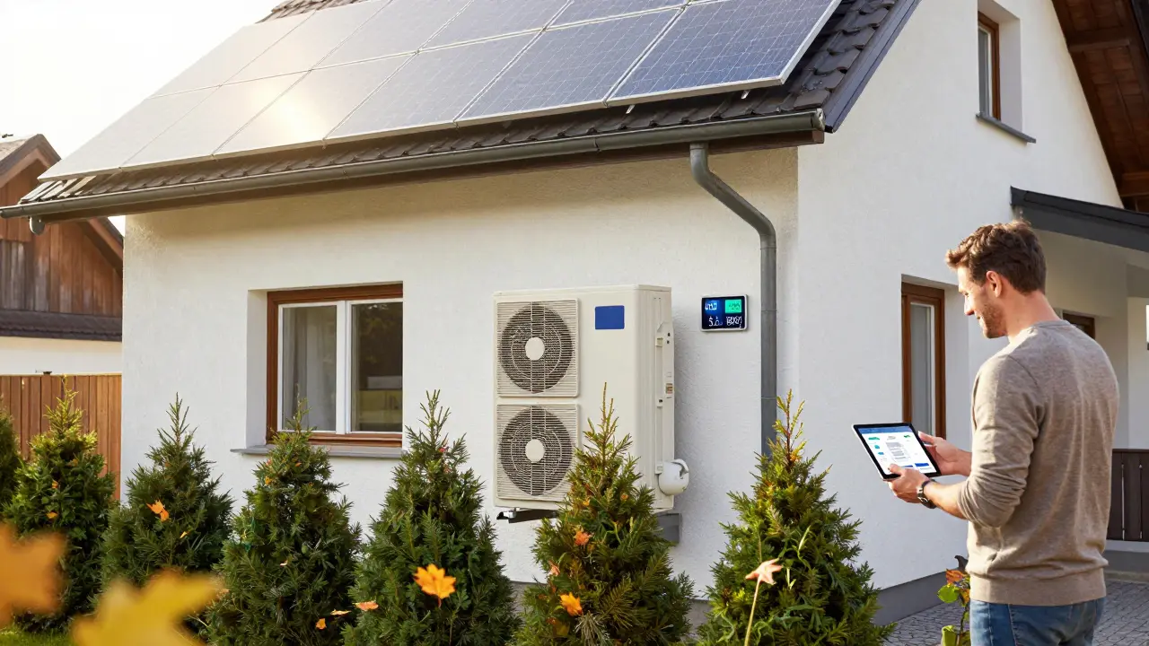 Außenanlage einer Wärmepumpe an einem österreichischen Einfamilienhaus mit Solaranlage auf dem Dach und Energieanzeige.