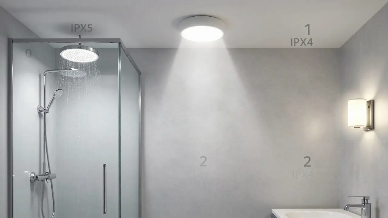 Badezimmer mit drei Schutzbereichen und entsprechenden IP-zertifizierten Leuchten in Dusche, Wand und Badewannenumgebung.