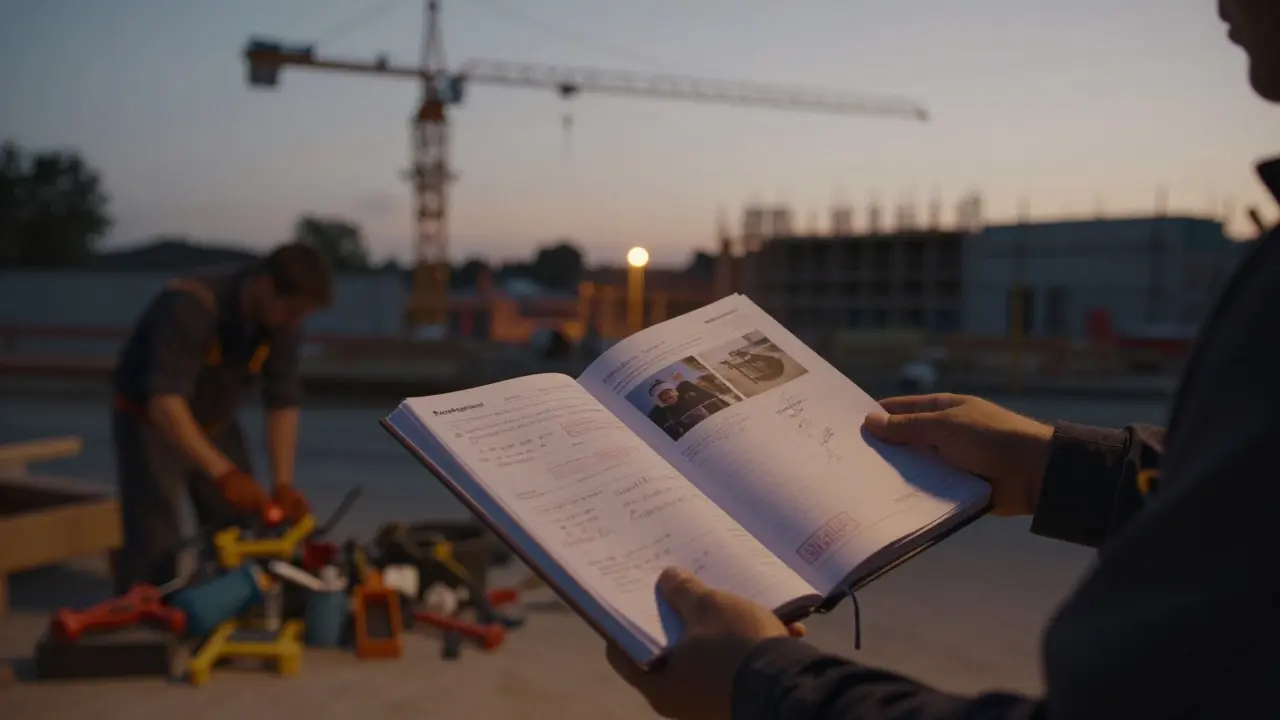 Baubegleiter übergibt Protokollbuch am Ende des Bauprojekts bei Dämmerung.