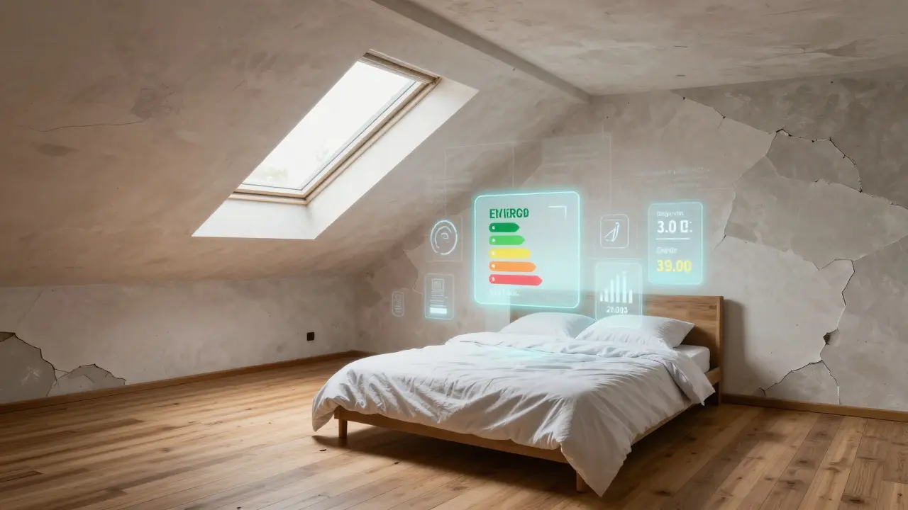 Dunkles Dachgeschoss wird durch AR in ein helles Schlafzimmer mit Daten-Overlays verwandelt.