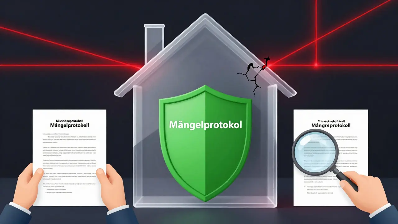 Durchsichtiges Haus mit verborgenen Schäden, geschützt durch einen Schild mit dem Mängelprotokoll.