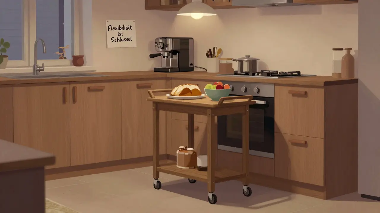 Ein mobiler Servierwagen mit Rädern in einer kleinen Küche, der zur Küchenzeile passt.