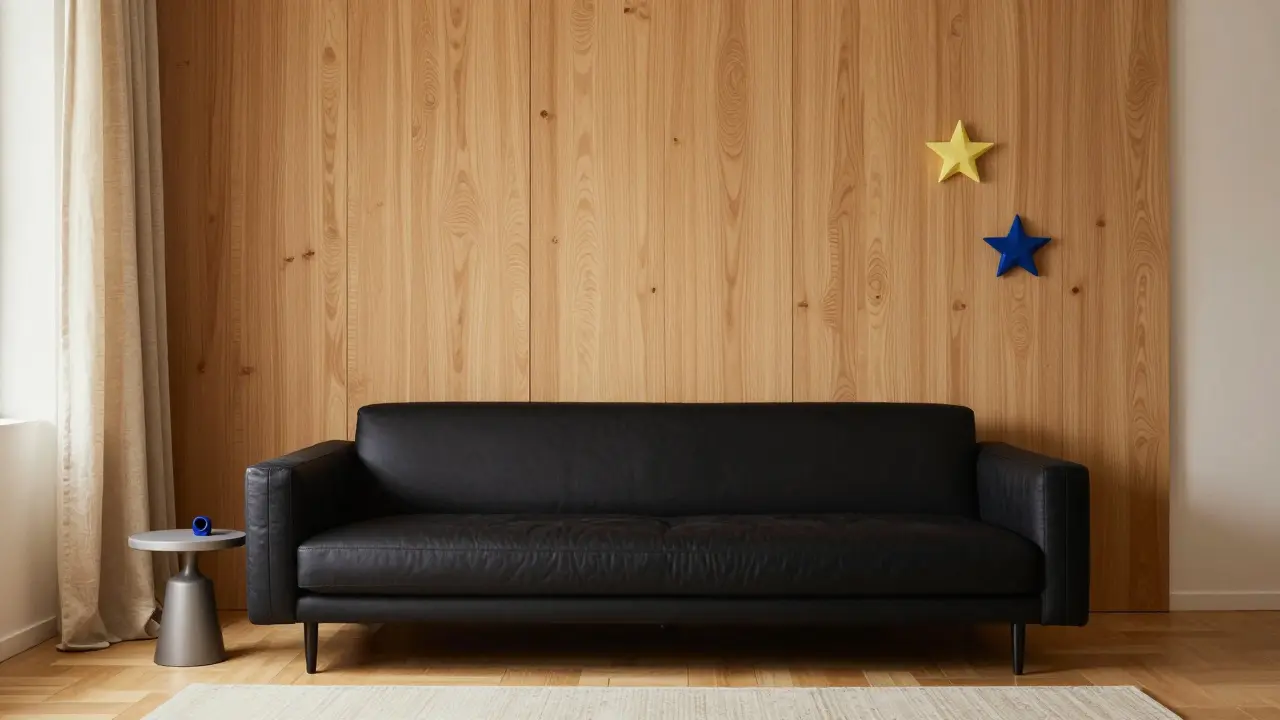 Einfaches schwarzes Sofa in kleinem Raum mit warmen Holz- und Textilakzenten und mehreren Lichtquellen.