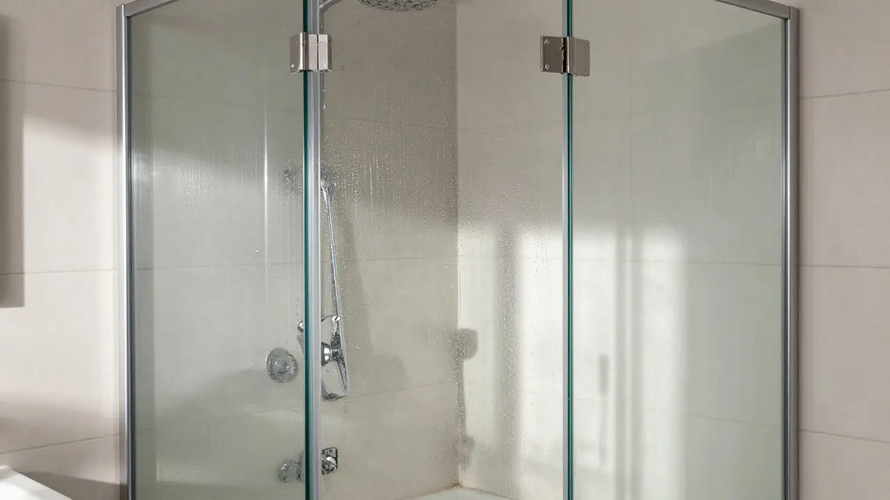 Faltbare Duschabtrennung in einem kleinen Bad, geklappt zur Seite, um die Badewanne freizulegen.