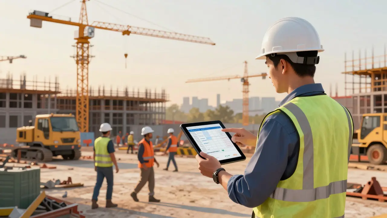 Generalunternehmer leitet Baustelle mit mehreren Gewerken unter einheitlicher Organisation.