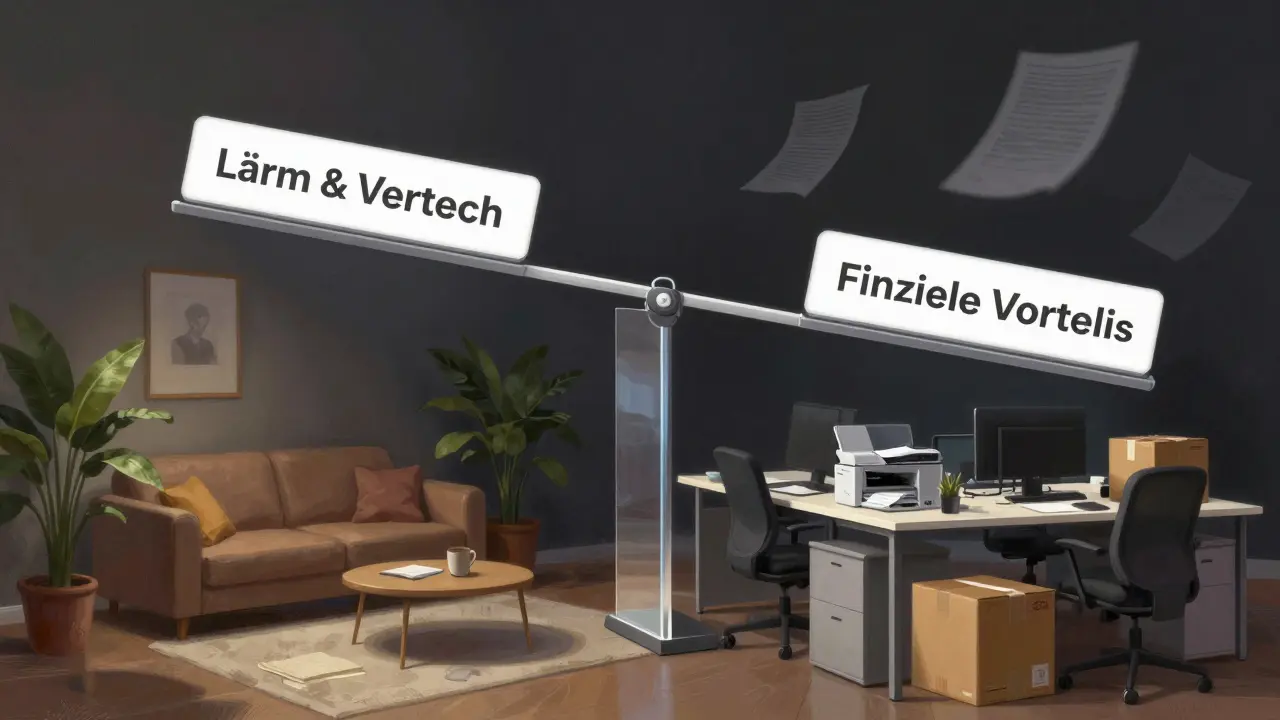 Gespaltenes Apartment: Wohnbereich links, Büro rechts, getrennt durch eine unsichtbare Grenze mit rechtlichen Abwägungen.