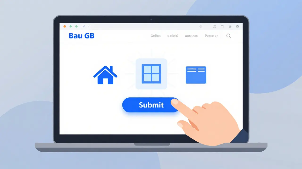 Hand klickt auf Online-Portal zur Baugenehmigung mit Symbolen für Dach, Fenster und Wand.