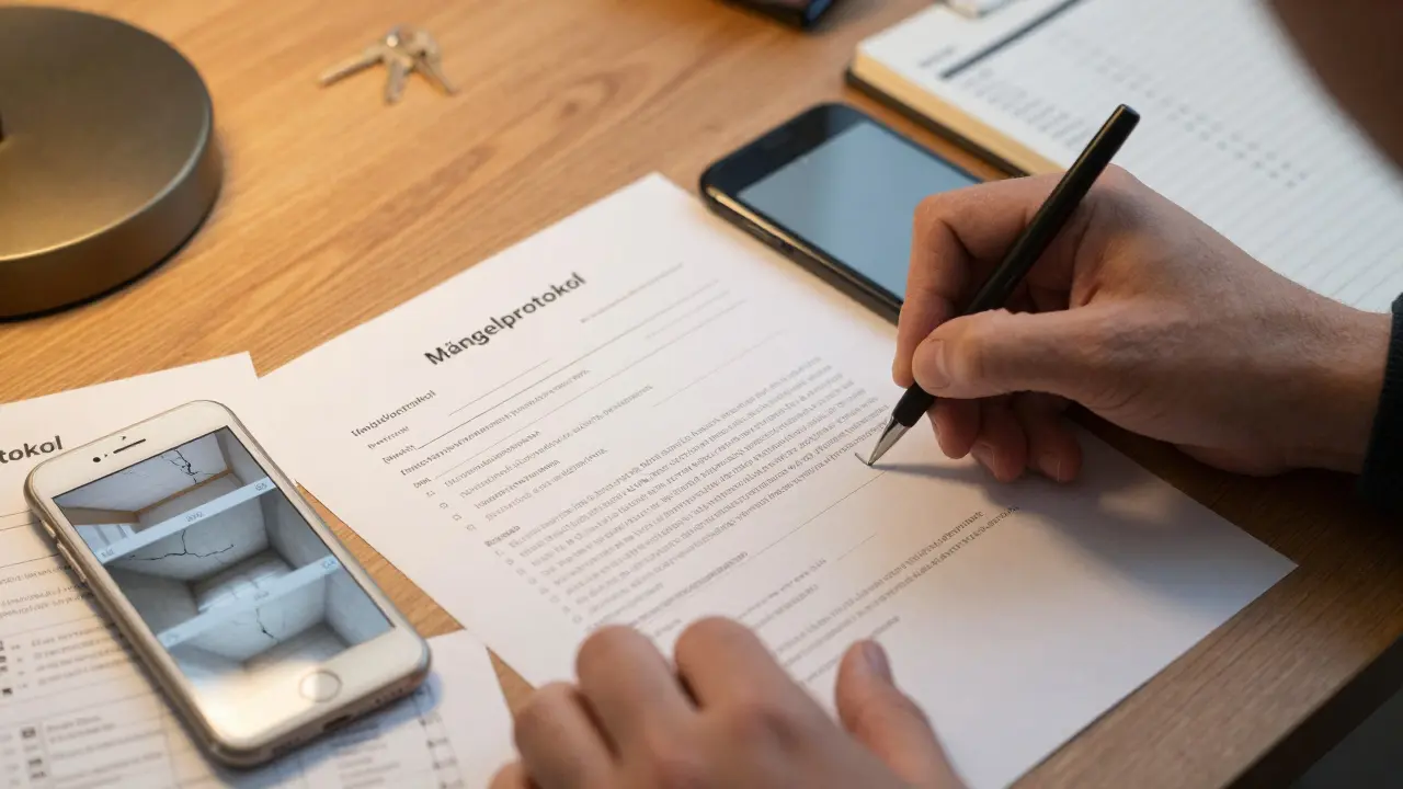 Hände unterschreiben ein mehrseitiges Mängelprotokoll mit smartphone-basierten Fotos und Checkliste daneben.