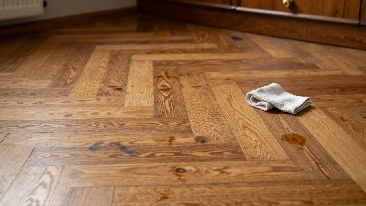 Historischer Eichenboden mit Patina wird mit Holzöl behandelt, keine Lackierung.
