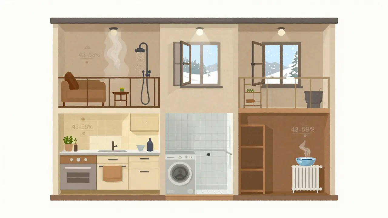 Illustration eines Wohnungsquerschnitts mit idealen Luftfeuchtigkeitsbereichen für verschiedene Räume.