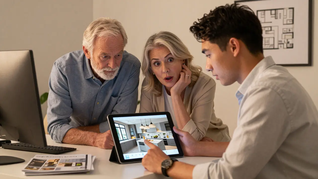 Immobilienmakler zeigt älteren Kunden eine AR-Transformation einer Küche auf einem Tablet.