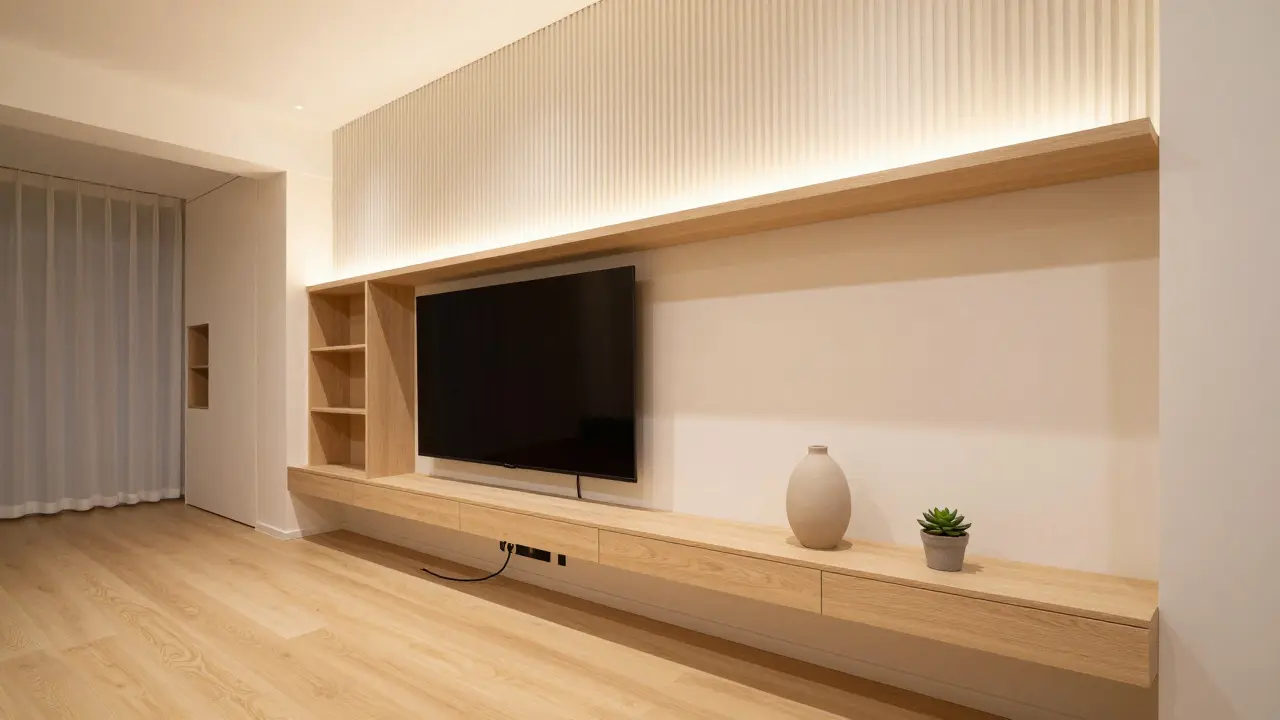 Kompaktes Wohnzimmer mit verbauter Wandaufbewahrung, schwebenden Regalen und vertikalen Vorhängen für mehr Raumgefühl.