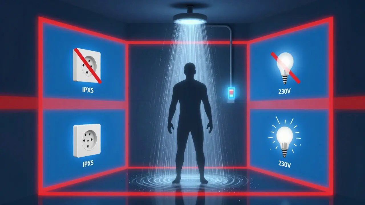 Konzeptuelles Bild eines Menschen unter der Dusche, umgeben von unsichtbaren Sicherheitszonen mit verbotenen und sicheren Geräten.