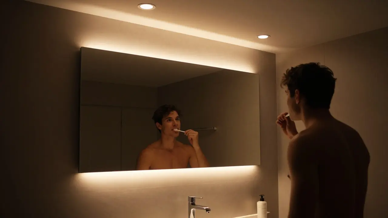 Morgendliche Human Centric Lighting: Licht verändert sich langsam von warm zu kalt, wie ein Sonnenaufgang im Bad.