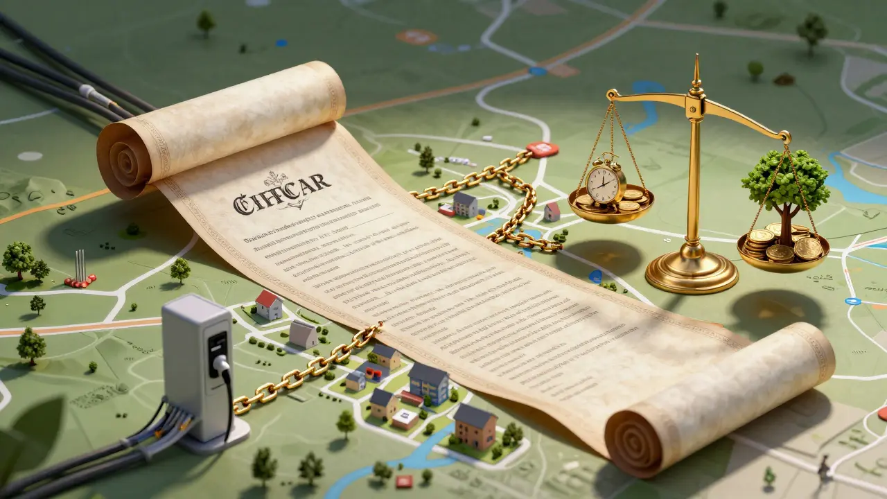 Rechtsvertrag als Rollen, verbunden mit Leitungen, Ladestationen und einer Waage aus Kosten, Zeit und Nachhaltigkeit.