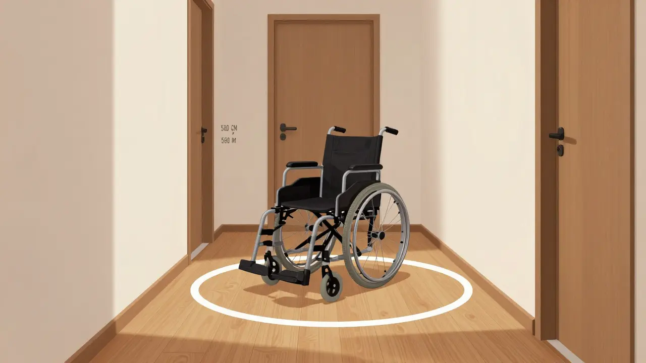 Rollstuhl in einer 150 cm x 150 cm Wendefläche in einem Flur.