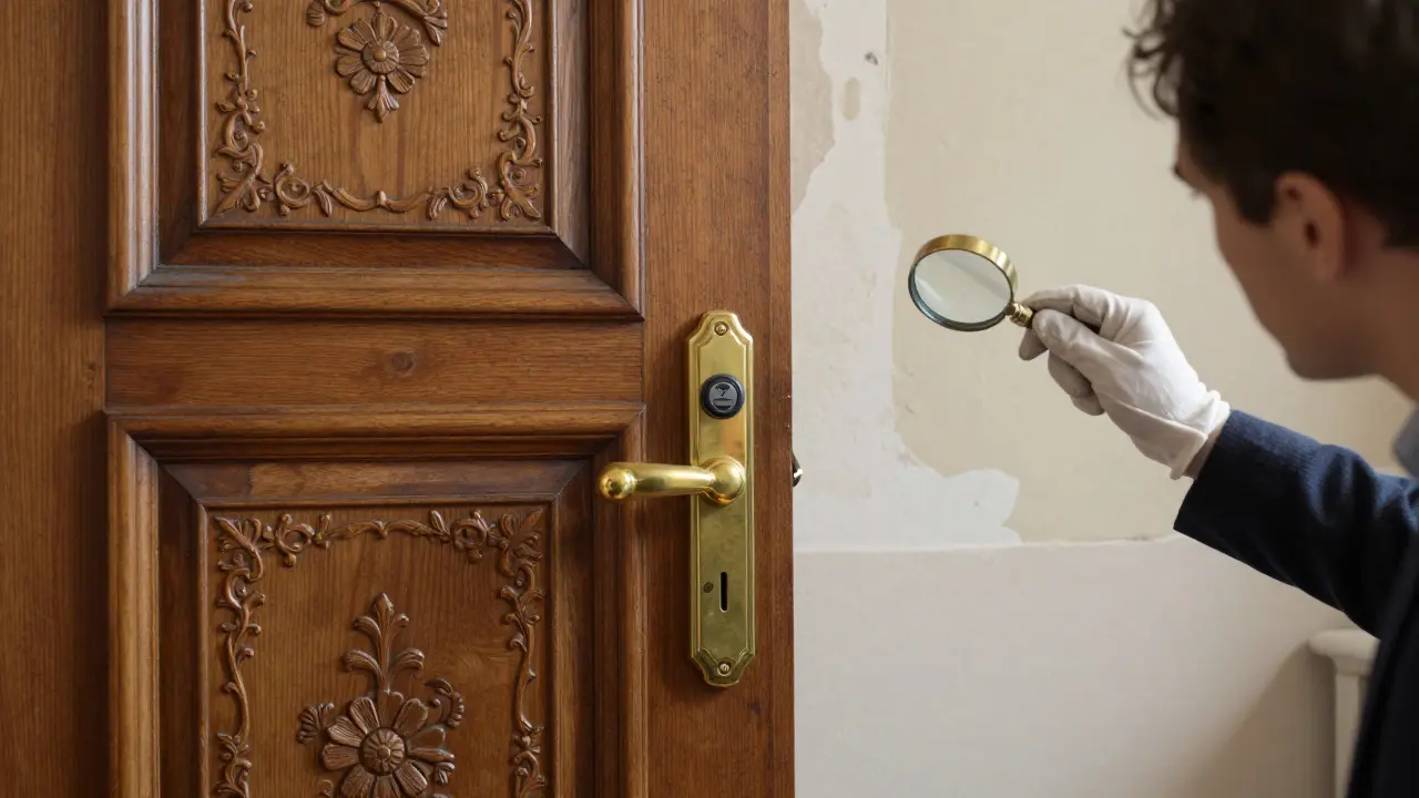 Schwere Holztür mit originalen Messingbeschlägen und unsichtbar integrierter Elektronik.