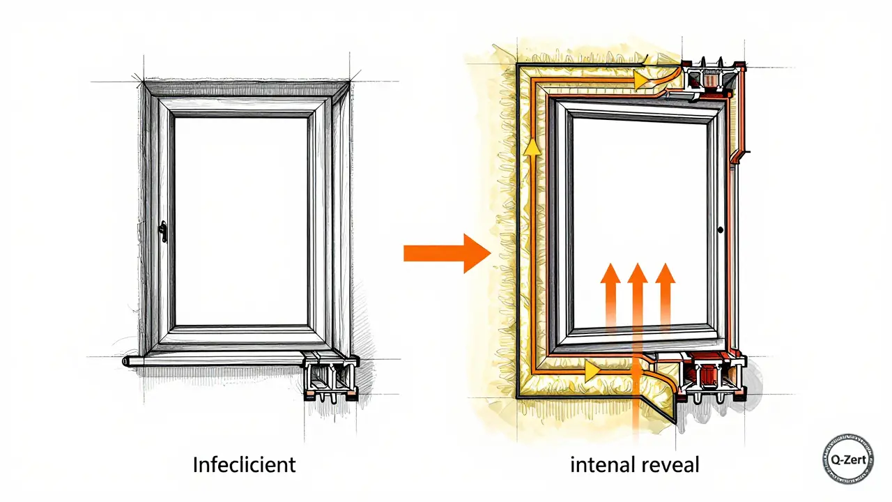 Vergleich der Fensteranschlagsmethoden: stumpf vs. innenliegend mit Dämmung um den Rahmen.