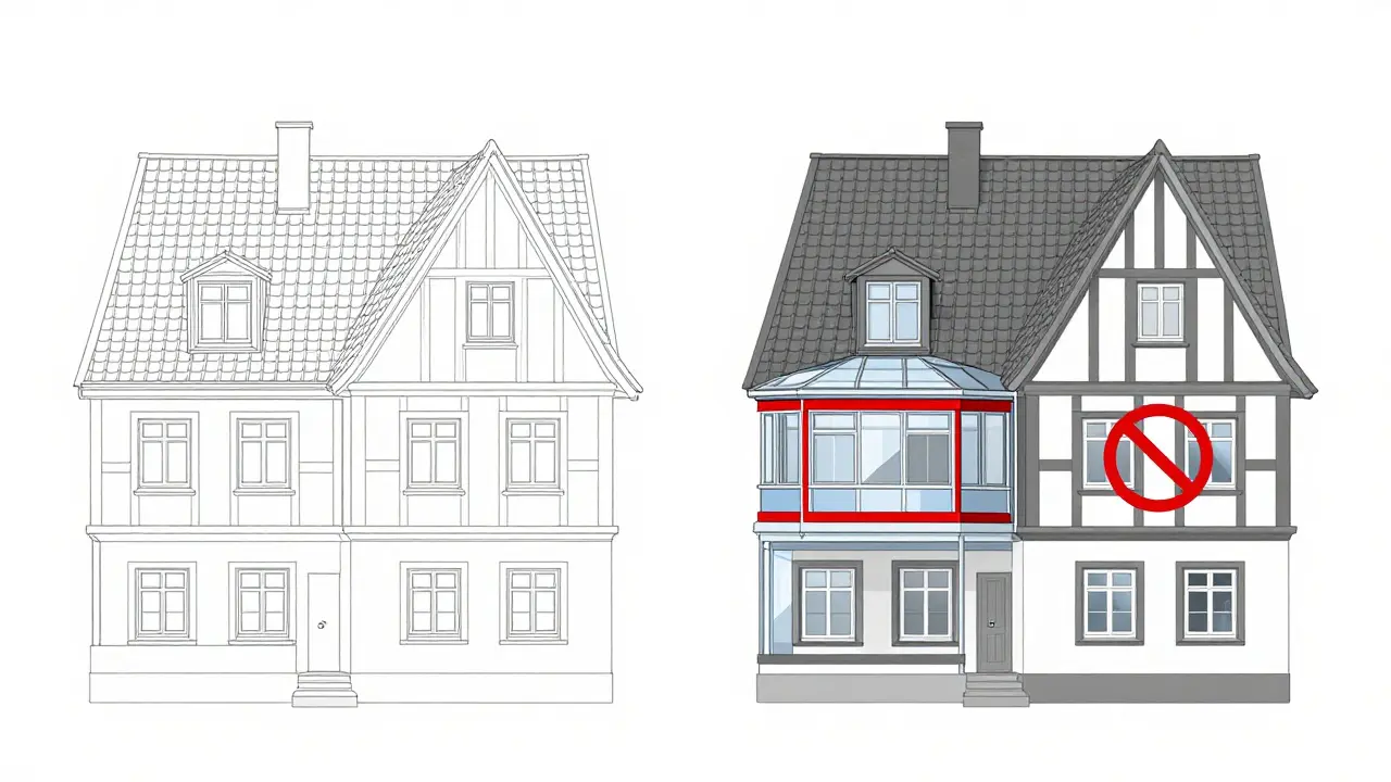 Vergleich eines Hauses mit und ohne genehmigungspflichtige Veränderungen wie Dach und Fassade.