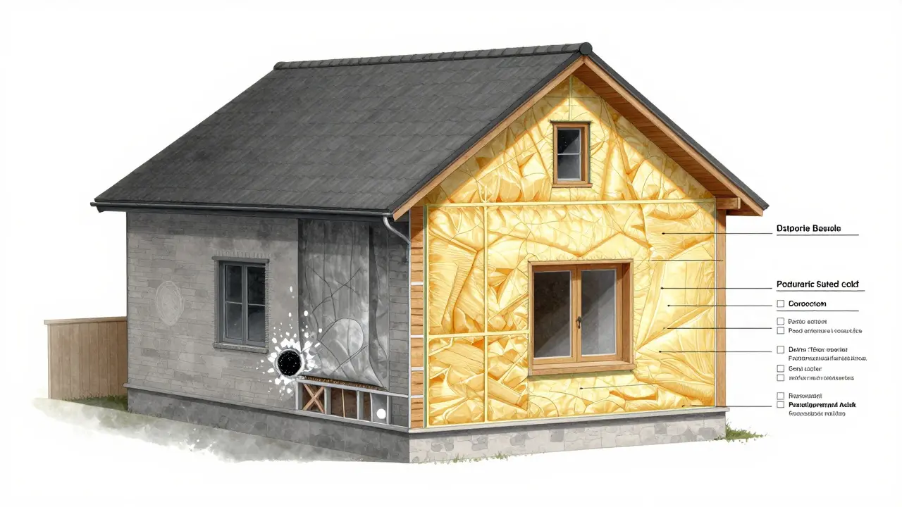 Vergleich: falsche vs. korrekte Dämmung in einem Hausquerschnitt.