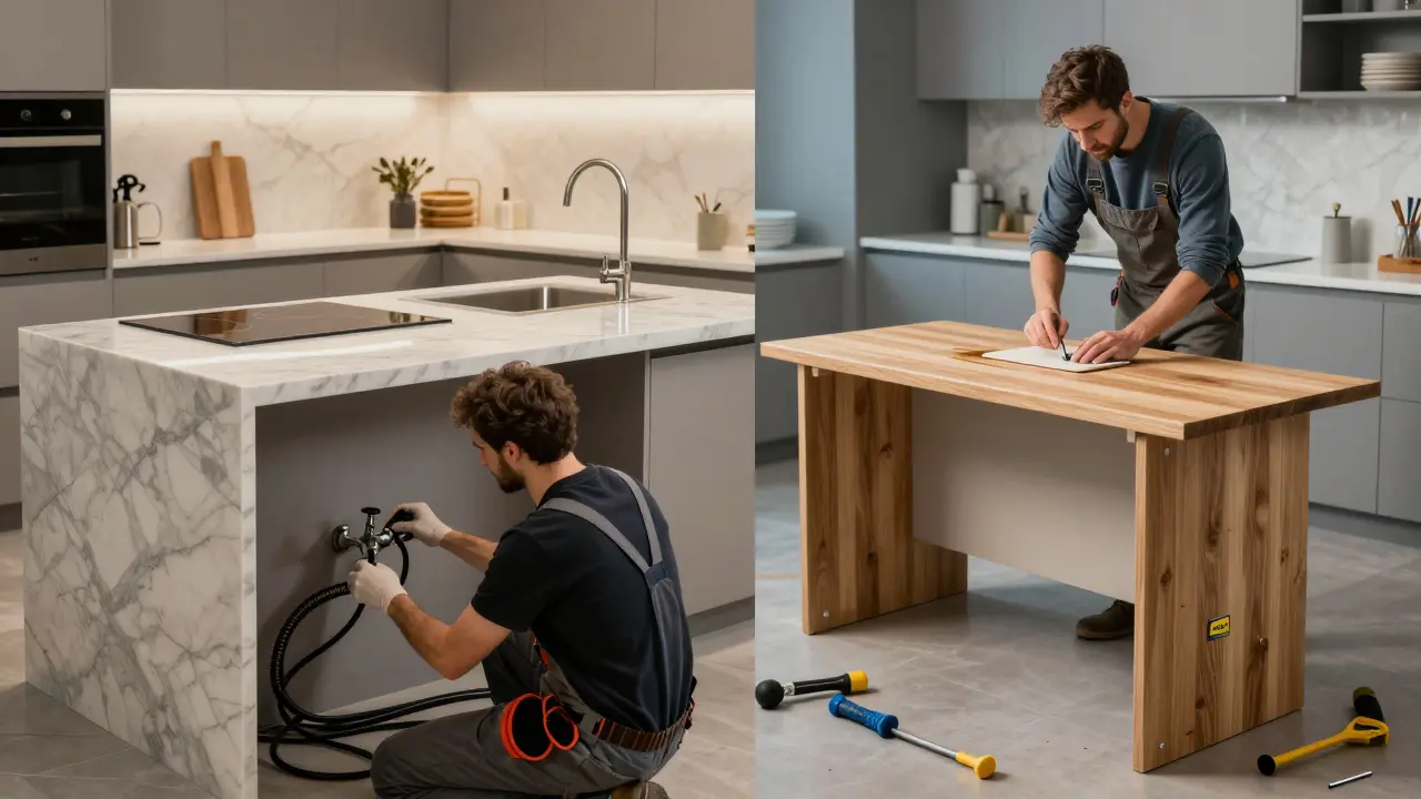 Vergleich: Professionell eingebaute Kücheninsel mit Anschlüssen vs. selbstgebauter Insel mit Holzplatte.