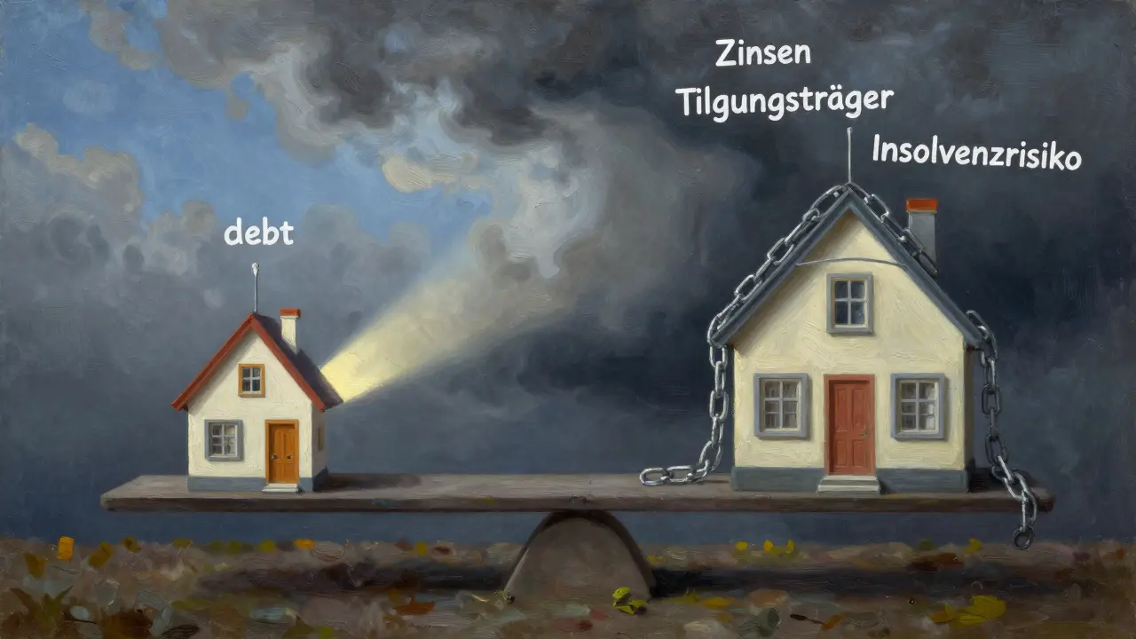 Waage mit zwei Häusern: eines friedlich und schuldenfrei, das andere unter Ketten aus Zinsen und Risiken.