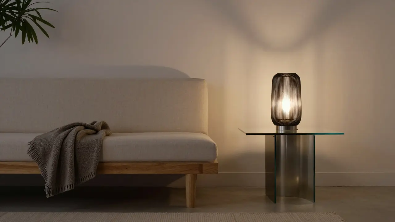 Wärmes Minimalismus: Eichensofa, Glasplatte und metallener Lampenschirm mit texturierten Oberflächen bei abendlichem Licht.