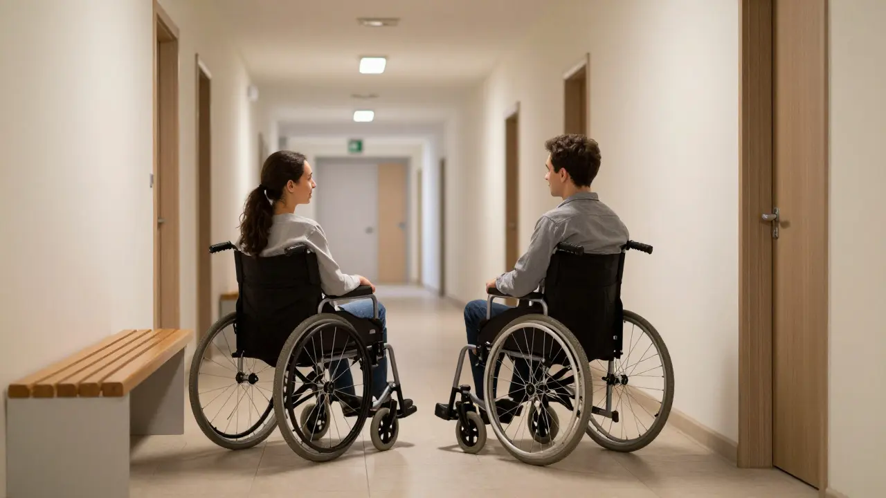 Zwei Rollstuhlfahrer treffen sich in einer 180 cm x 180 cm Begegnungszone.