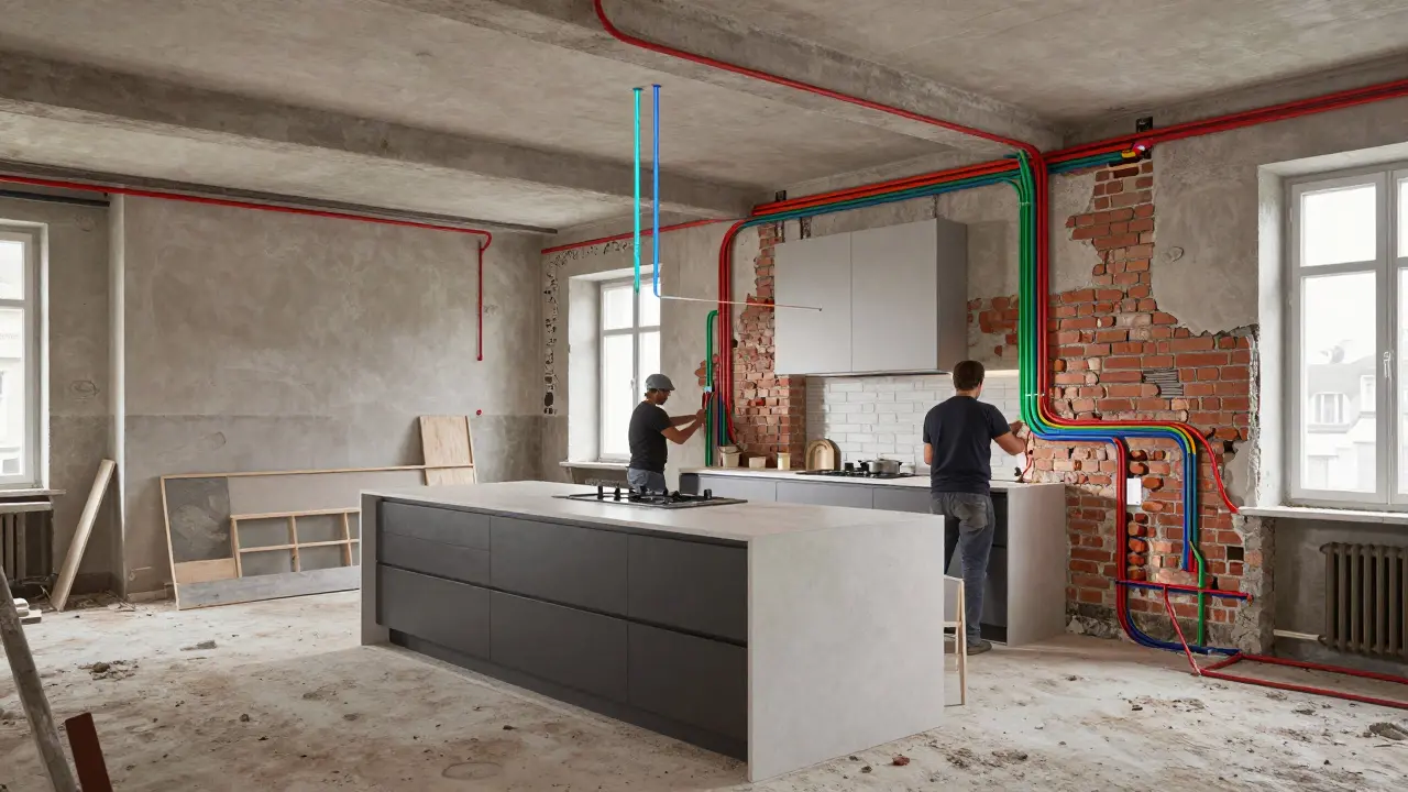 3D-Visualisierung von Leitungsverläufen über einer renovierenden Altbau-Küche mit moderner Küchenzeile im Vordergrund.