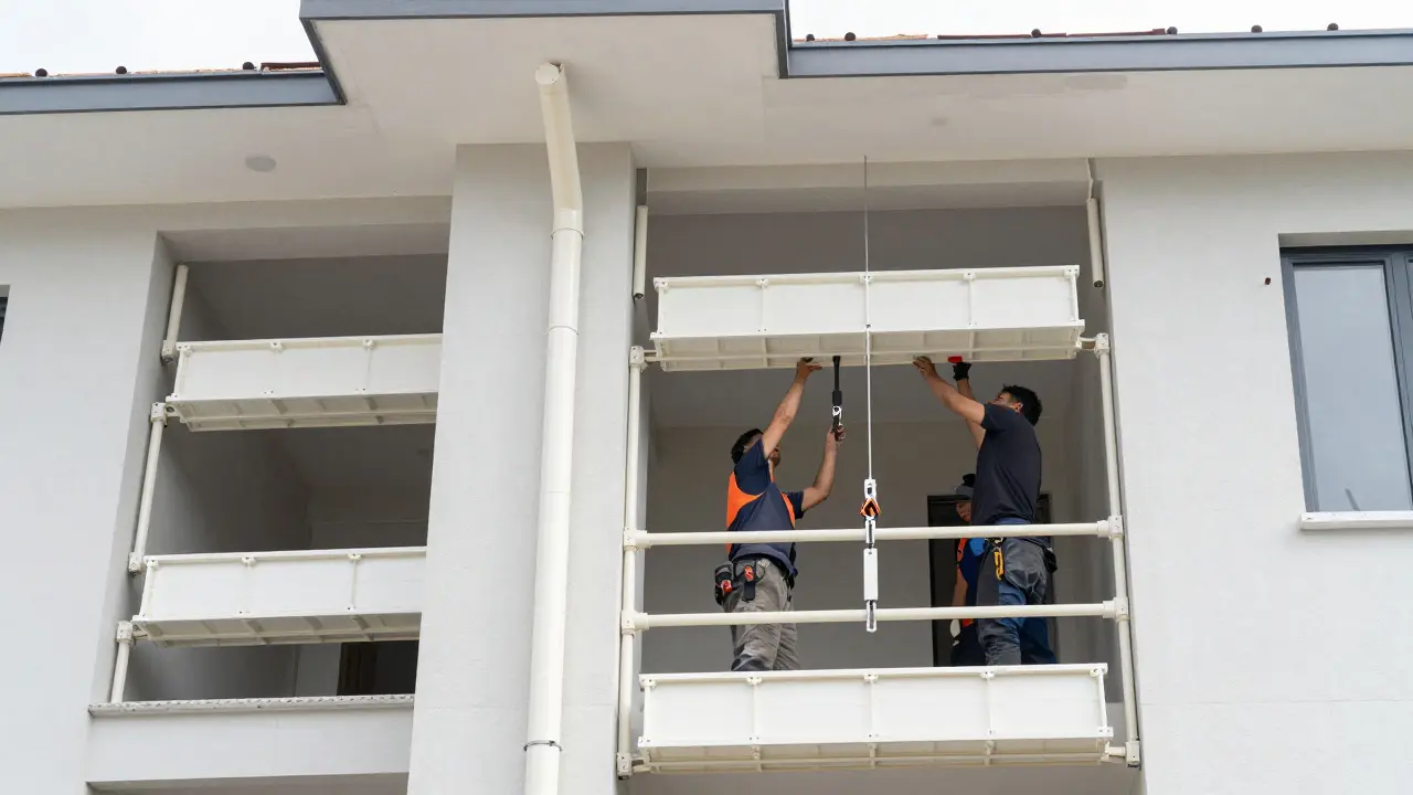 Arbeiter setzen vorgefertigte Kunststoffrohre in einem vertikalen Schacht eines Mehrfamilienhauses ein.