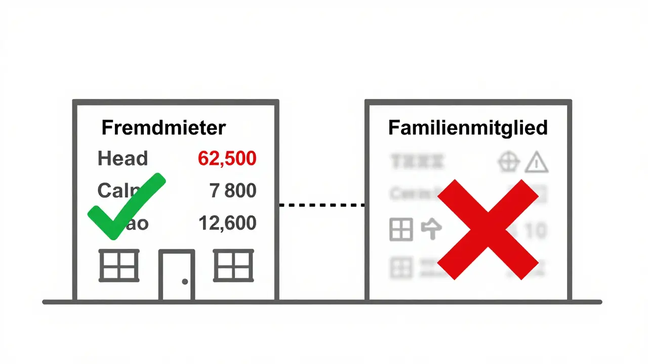 Architektonische Darstellung einer Wohnung mit unterschiedlichen Mietverhältnissen und Warnsymbolen.