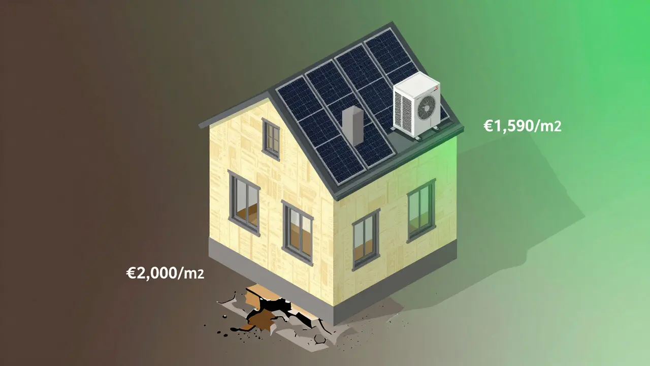 Aufgeschnittenes Haus mit farblich gekennzeichneten Sanierungskosten: Keller, Wände und Dach, isometrische Ansicht.