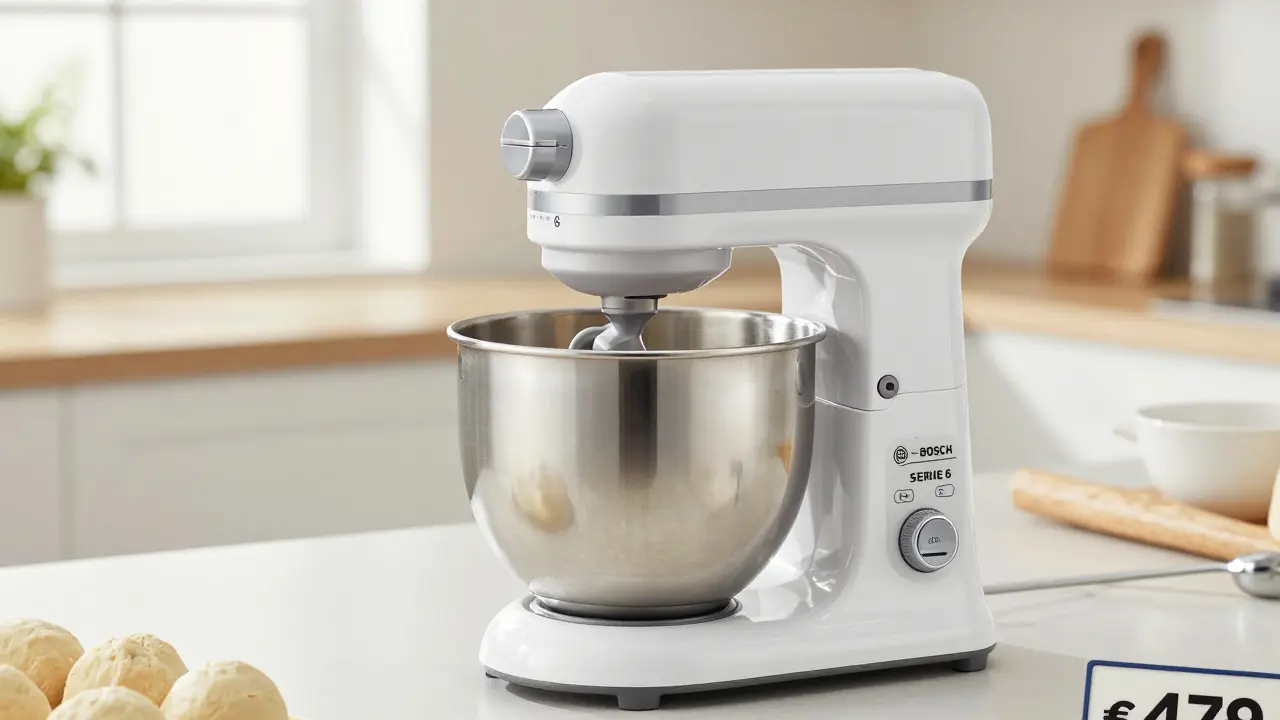 Bosch Serie 6 Küchenmaschine beim kneten von Teig mit klaren Bedienelementen und natürlichem Licht.