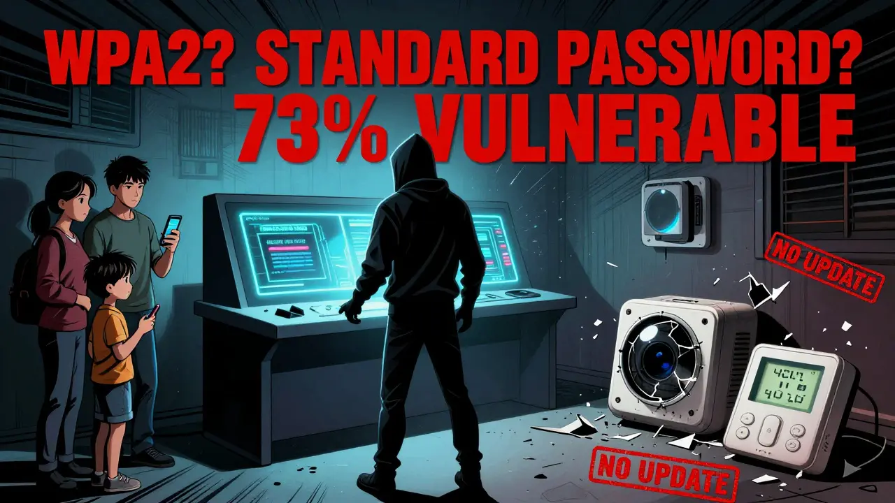 Comic book style scene showing a hacker attacking a smart home while a family enjoys a secure network, with bold warning text about vulnerabilities.