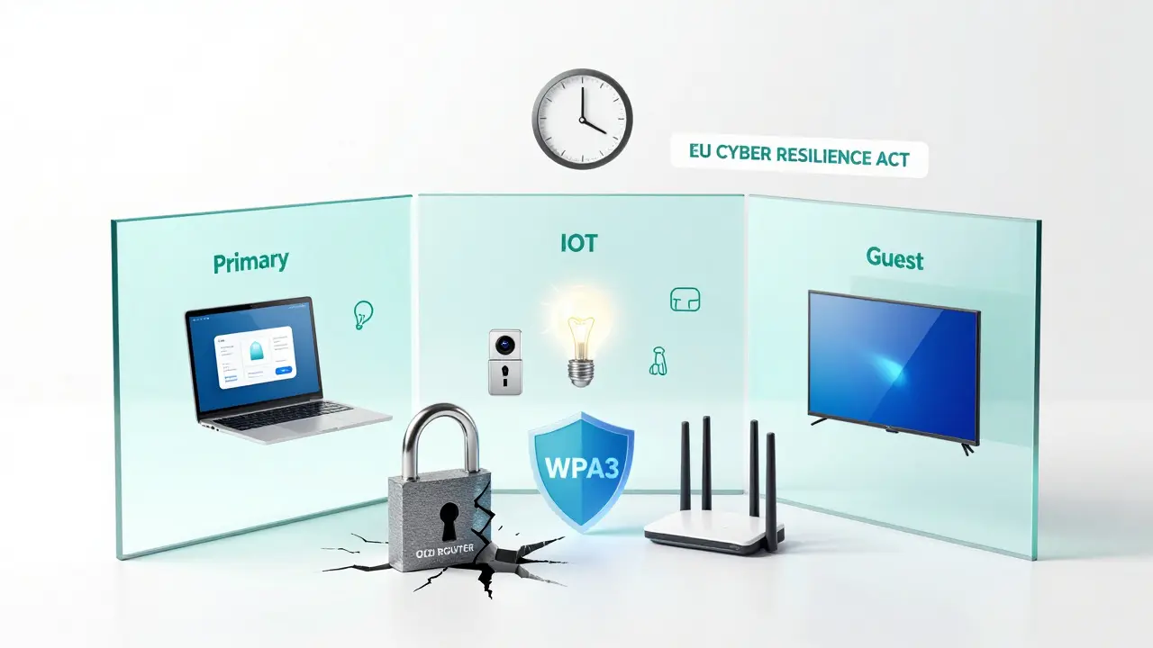 Conceptual house divided into three secure network rooms with a replaced old router, glowing WPA3 shield, and EU cybersecurity deadline banner.