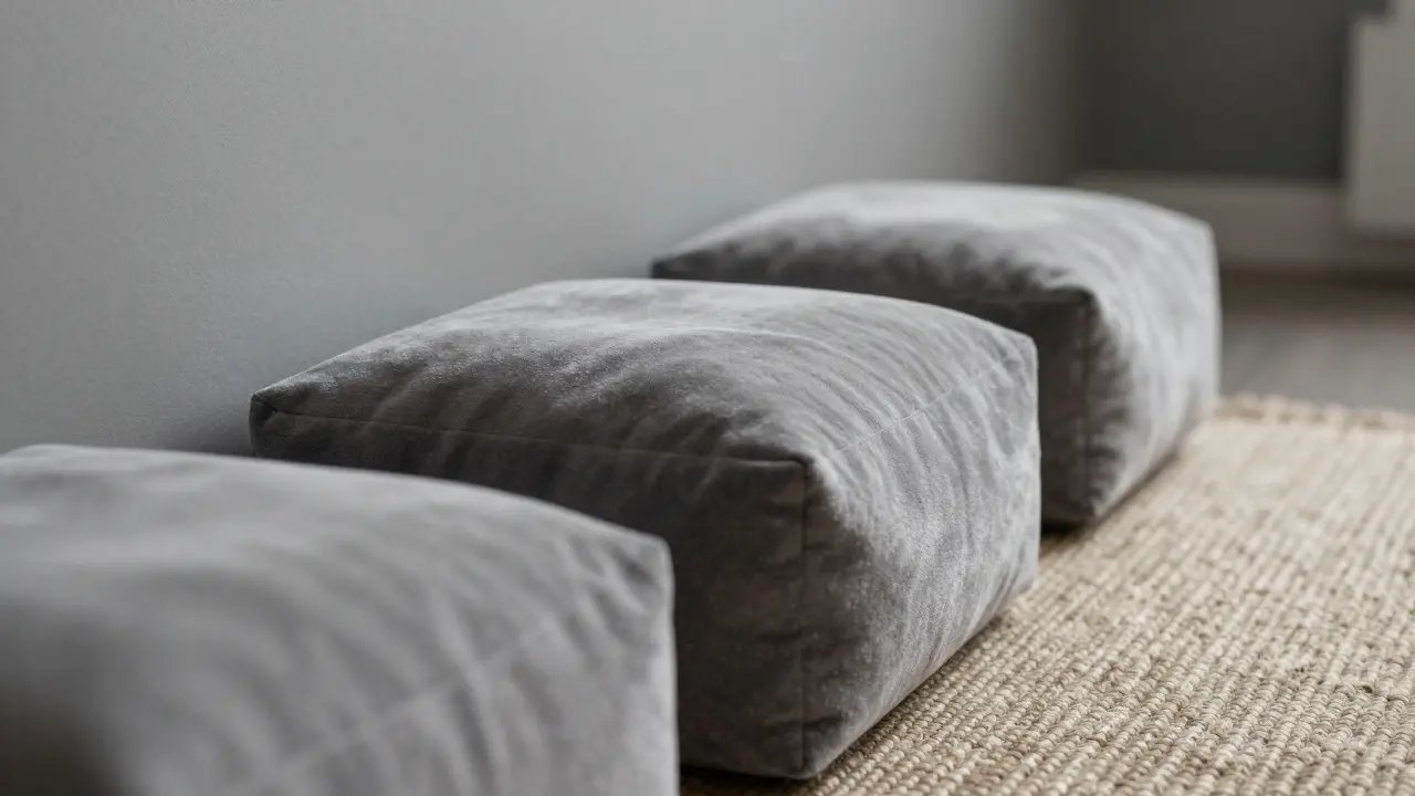 Drei Texturen in neutralem Grau: glatte Wände, samtige Vorhänge und grober Teppich für Tiefe