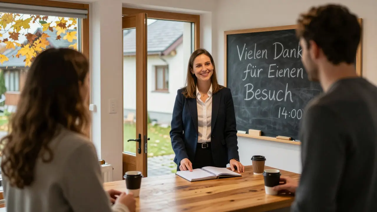 Ein Immobilienmakler begrüßt Besucher an der Tür eines gut präsentierten Hauses in Graz, mit Kaffee und Gästebuch auf einem Holztisch.