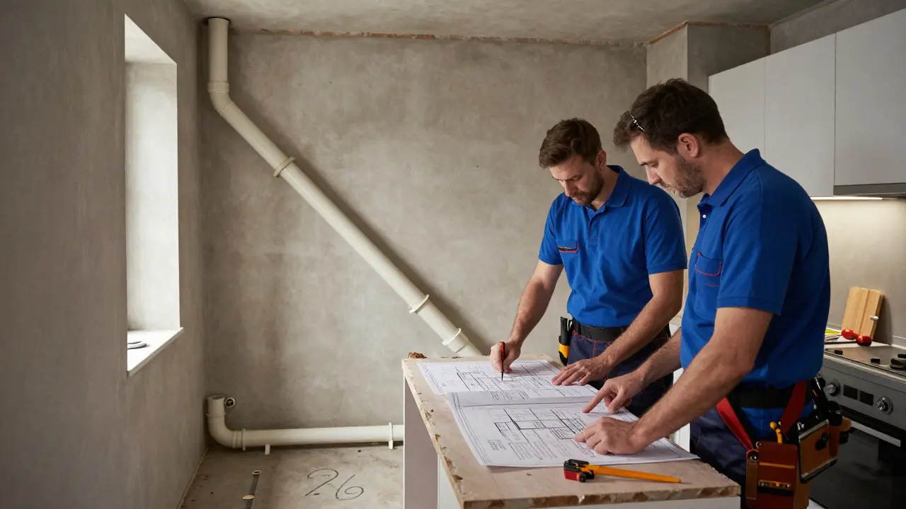 Ein Installateur und Elektriker untersuchen Pläne neben einer diagonal verlaufenden Wasserleitung in einer Altbau-Küche.