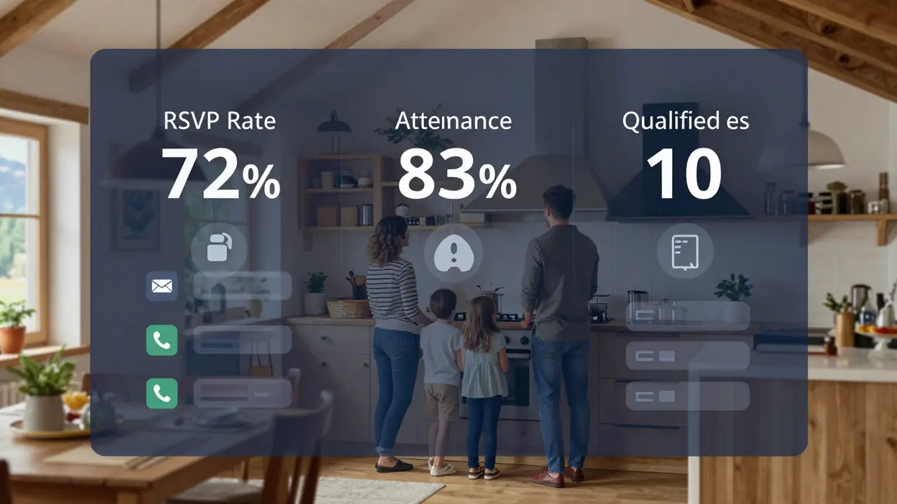 Eine digitale Kennzahl-Überlagerung zeigt Erfolgsdaten einer Open-House-Besichtigung, während eine Familie die Wohnung besichtigt.