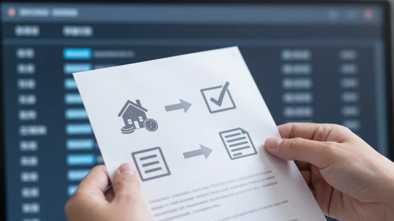 Hand mit Strategie-Icons zur Senkung von Grundbuchkosten