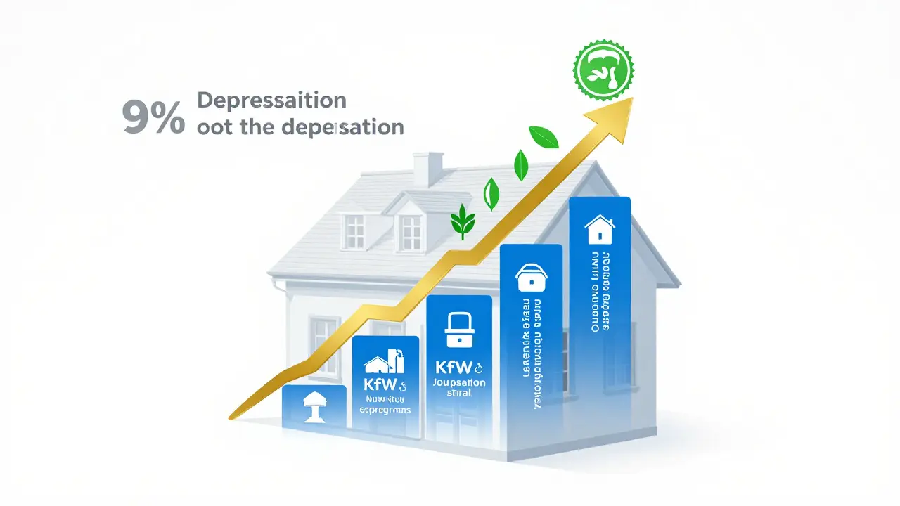 Historisches Gebäude mit transparenten Finanzströmen für Abschreibung und Fördermittel, visualisiert als goldene, blaue und grüne Pfeile.