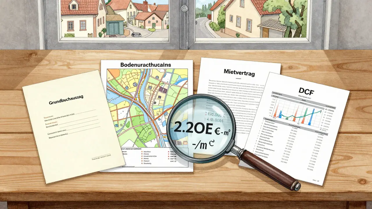 Holztisch mit wichtigen Unterlagen zur Immobilienbewertung: Grundbuchauszug, Bodenrichtwertkarte, Mietvertrag und DCF-Diagramm.